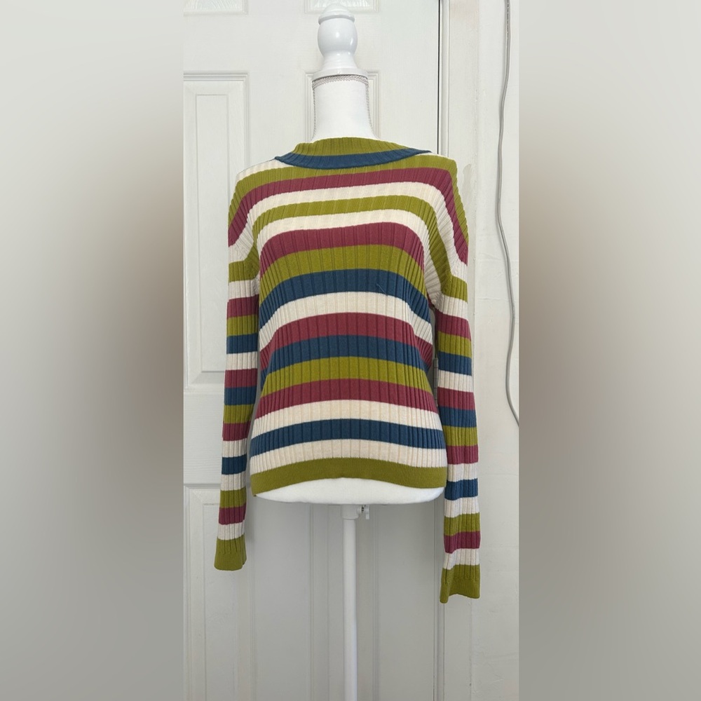 Striped Rib-Knit Crew Sweater